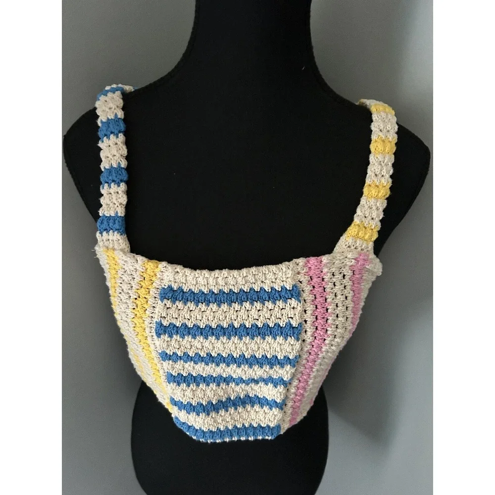 Zara Multi Color Crochet Striped Knit Crop Top Medium Tank 100% Cotton Summer - Picture 2 of 7